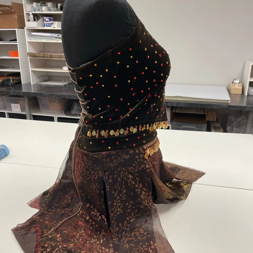 The line up brown velour dance costume rhinestones. Beaded trim.